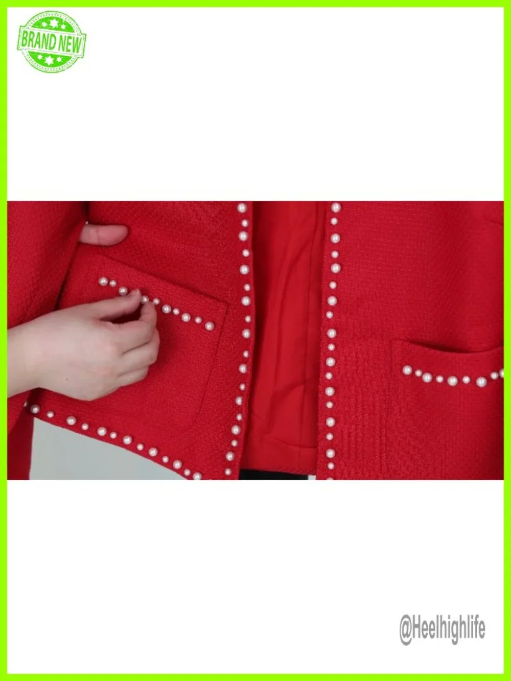 Cropped Tweed Blazer with Pearl Trim, Open Front, Pockets, Long Sleeve